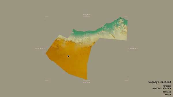 ソマリアの領域であるWoqooyi Galbeed地域は 洗練された境界ボックス内の強固な背景に隔離されています ラベル 地形図 3Dレンダリング — ストック写真