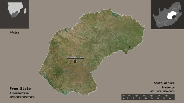 自由州の形 南アフリカの州 そしてその首都 距離スケール プレビューおよびラベル 衛星画像 3Dレンダリング — ストック写真