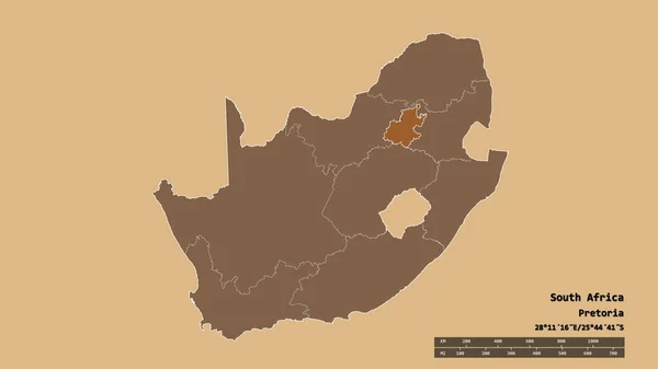 主要な地域部門と分離されたGauteng地域と南アフリカの荒廃した形 ラベル パターン化されたテクスチャの構成 3Dレンダリング — ストック写真