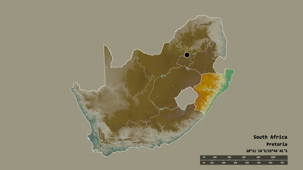 以首都 主要区域分部和分隔的夸祖鲁 纳塔尔地区为首都的南非的绝望状态 地形浮雕图 3D渲染 — 图库照片