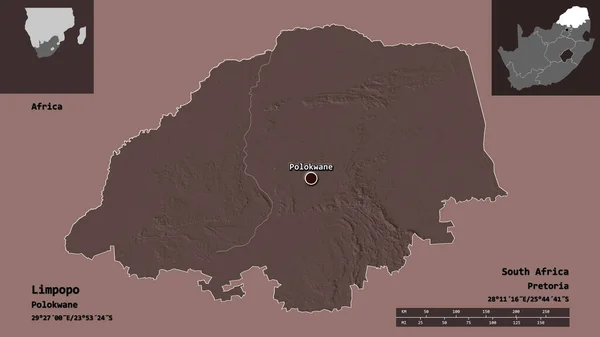 南アフリカ共和国のリンポポ州とその首都の形 距離スケール プレビューおよびラベル 色の標高マップ 3Dレンダリング — ストック写真