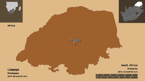 南アフリカ共和国のリンポポ州とその首都の形 距離スケール プレビューおよびラベル パターン化されたテクスチャの構成 3Dレンダリング — ストック写真