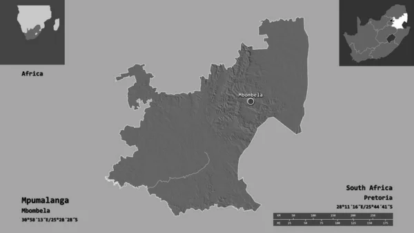 南非Mpumalanga的形状及其首都 距离刻度 预览和标签 Bilevel高程图 3D渲染 — 图库照片
