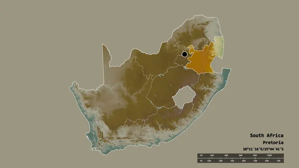 以首都 主要区域分部和分隔的姆普马兰加地区为首都的南非的绝望面貌 地形浮雕图 3D渲染 — 图库照片