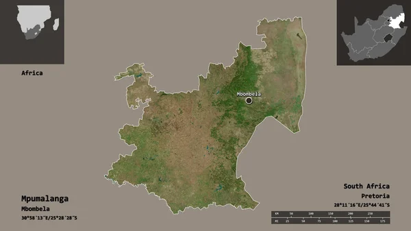 南非Mpumalanga的形状及其首都 距离刻度 预览和标签 卫星图像 3D渲染 — 图库照片