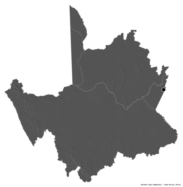 Shape of Northern Cape, province of South Africa, with its capital isolated on white background. Bilevel elevation map. 3D rendering