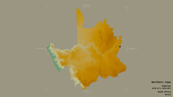 Area of Northern Cape, province of South Africa, isolated on a solid background in a georeferenced bounding box. Labels. Topographic relief map. 3D rendering