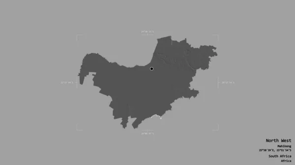 Area of North West, province of South Africa, isolated on a solid background in a georeferenced bounding box. Labels. Bilevel elevation map. 3D rendering