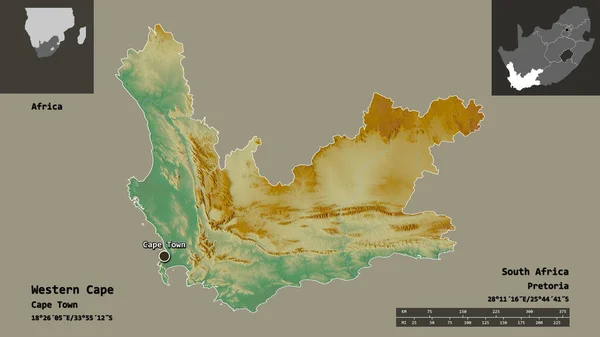 Shape of Western Cape, province of South Africa, and its capital. Distance scale, previews and labels. Topographic relief map. 3D rendering