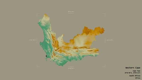 Area of Western Cape, province of South Africa, isolated on a solid background in a georeferenced bounding box. Labels. Topographic relief map. 3D rendering