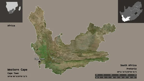 Shape of Western Cape, province of South Africa, and its capital. Distance scale, previews and labels. Satellite imagery. 3D rendering