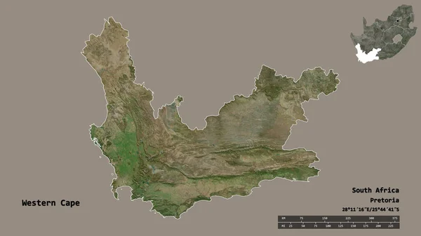 Shape of Western Cape, province of South Africa, with its capital isolated on solid background. Distance scale, region preview and labels. Satellite imagery. 3D rendering