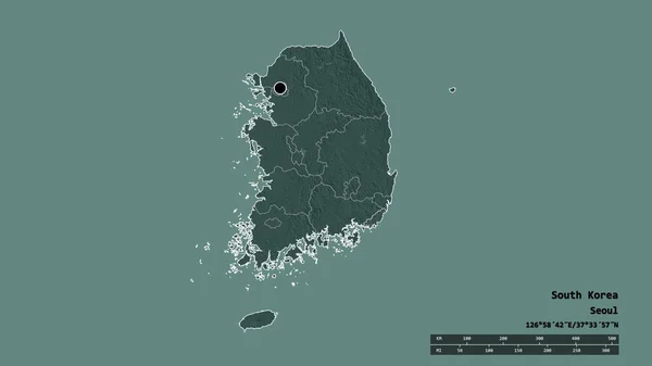 Desaturerad Form Sydkorea Med Dess Huvudstad Huvudsakliga Regionala Indelning Och — Stockfoto