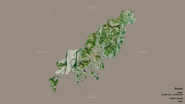 位于韩国首都釜山的一个地区 在一个地理参考方块中 背景坚实 与世隔绝 卫星图像 3D渲染 — 图库照片