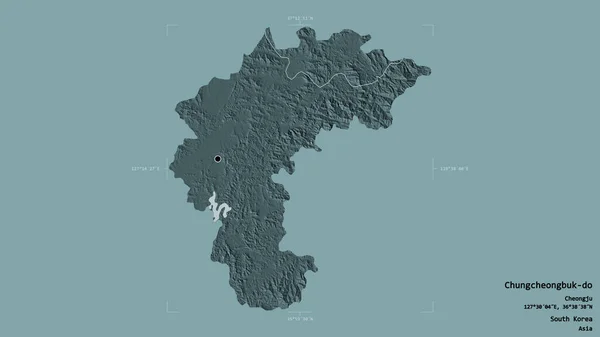 韓国の忠清北道地域は 地理的に結合された箱の中にしっかりとした背景で孤立している ラベル 色の標高マップ 3Dレンダリング — ストック写真