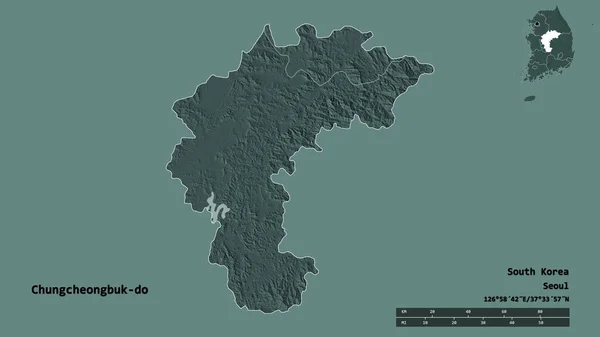 韓国の道 忠清北道の形で その資本はしっかりとした背景に隔離されている 距離スケール リージョンプレビュー およびラベル 色の標高マップ 3Dレンダリング — ストック写真