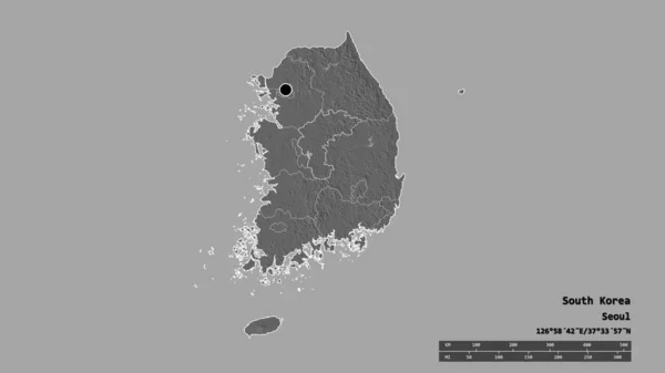 主要地域 分離した忠清北道地域で韓国の荒廃した形 ラベル 標高マップ 3Dレンダリング — ストック写真