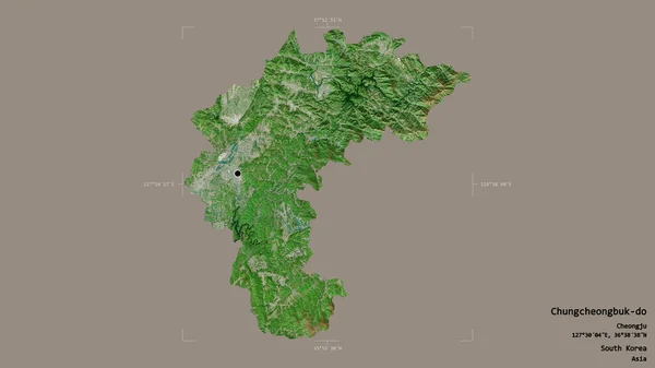 韓国の忠清北道地域は 地理的に結合された箱の中にしっかりとした背景で孤立している ラベル 衛星画像 3Dレンダリング — ストック写真