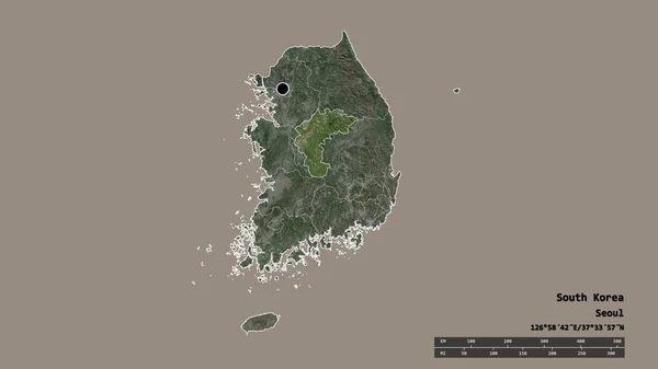 主要地域 分離した忠清北道地域で韓国の荒廃した形 ラベル 衛星画像 3Dレンダリング — ストック写真