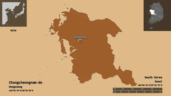 Form Chungcheongnam Provinsen Sydkorea Och Dess Huvudstad Avståndsskala Förhandsvisningar Och — Stockfoto