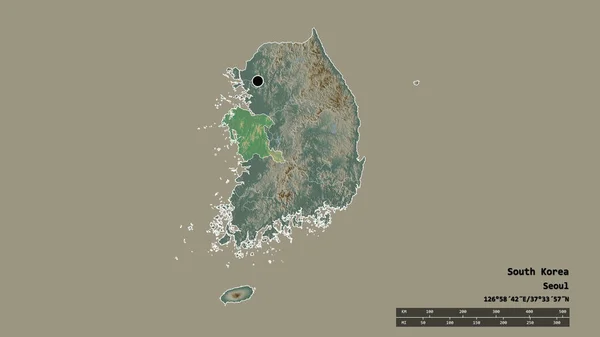 主要地域 分離した忠清南道地域で韓国の荒廃した形 ラベル 地形図 3Dレンダリング — ストック写真