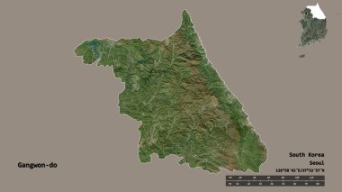 Güney Kore 'nin Gangwon-do eyaleti, başkenti sağlam arka planda izole edilmiştir. Uzaklık ölçeği, bölge önizlemesi ve etiketleri. Uydu görüntüleri. 3B görüntüleme
