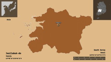 Jeollabuk-do 'nun şekli, Güney Kore eyaleti ve başkenti. Uzaklık ölçeği, ön gösterimler ve etiketler. Desenli dokuların bileşimi. 3B görüntüleme