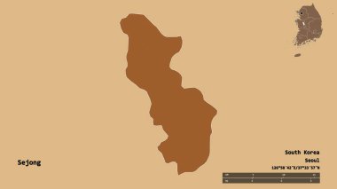 Güney Kore 'nin metropoliten özerk şehri Sejong' un şekli. Başkenti sağlam bir arka planda izole edilmiş. Uzaklık ölçeği, bölge önizlemesi ve etiketleri. Desenli dokuların bileşimi. 3B görüntüleme