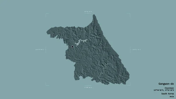 韓国の江原道地域は 地理的に結合した箱の中にしっかりとした背景に隔離されている ラベル 色の標高マップ 3Dレンダリング — ストック写真