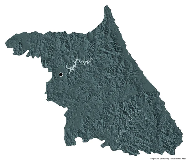 韩国江原道的形状 其首都被白色背景隔离 彩色高程图 3D渲染 — 图库照片