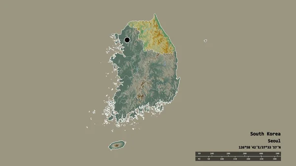 韩国的经济形势严峻 其首都 主要的地区划分和分隔的江原道地区 地形浮雕图 3D渲染 — 图库照片