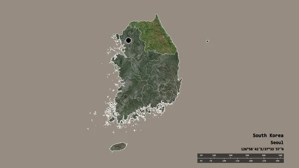 主要地域 分離した江原道地域で韓国の荒廃した形 ラベル 衛星画像 3Dレンダリング — ストック写真