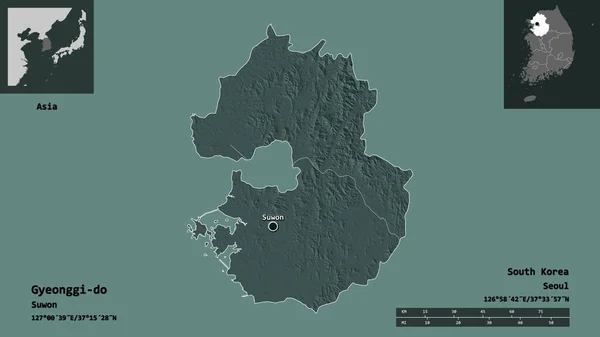 Form Gyeonggi Provinsen Sydkorea Och Dess Huvudstad Avståndsskala Förhandsvisningar Och — Stockfoto