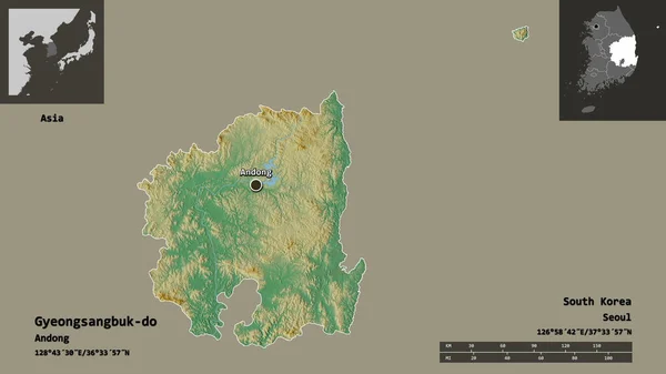 慶尚北道 韓国省 首都の形 距離スケール プレビューおよびラベル 地形図 3Dレンダリング — ストック写真
