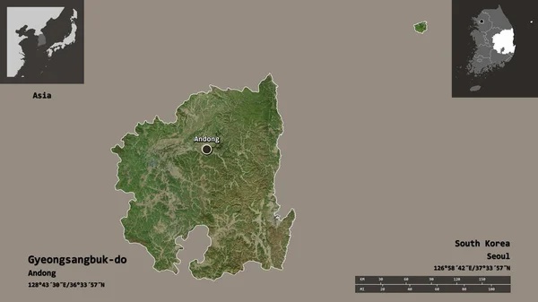 慶尚北道 韓国省 首都の形 距離スケール プレビューおよびラベル 衛星画像 3Dレンダリング — ストック写真