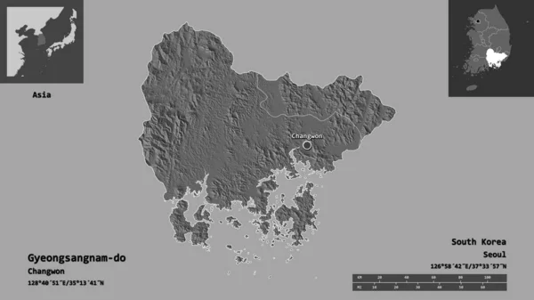 Form Von Gyeongsangnam Provinz Von Südkorea Und Seiner Hauptstadt Entfernungsskala — Stockfoto