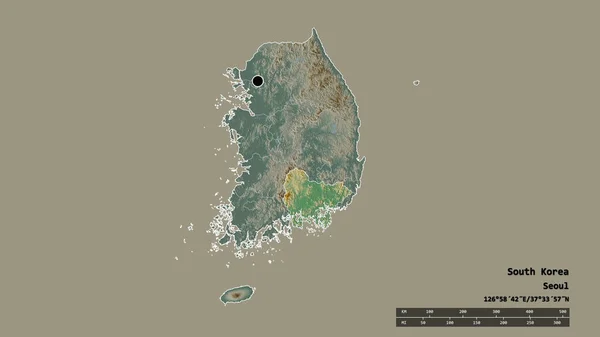 本部地域 慶尚南道地域を分離し 韓国の荒廃した形 ラベル 地形図 3Dレンダリング — ストック写真