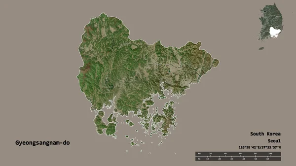 韩国庆三南道的形状 其首都在坚实的背景下与世隔绝 距离尺度 区域预览和标签 卫星图像 3D渲染 — 图库照片