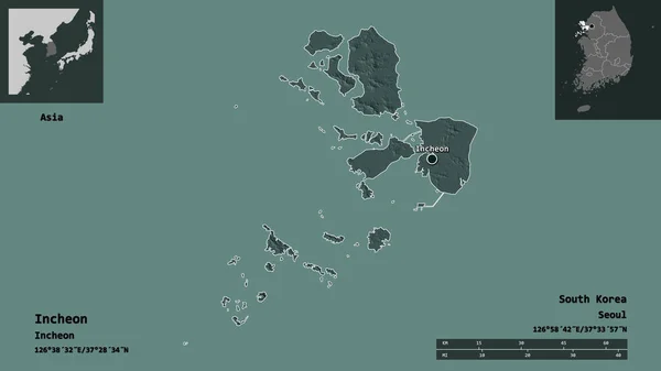 仁川の形 韓国の大都市とその首都 距離スケール プレビューおよびラベル 色の標高マップ 3Dレンダリング — ストック写真