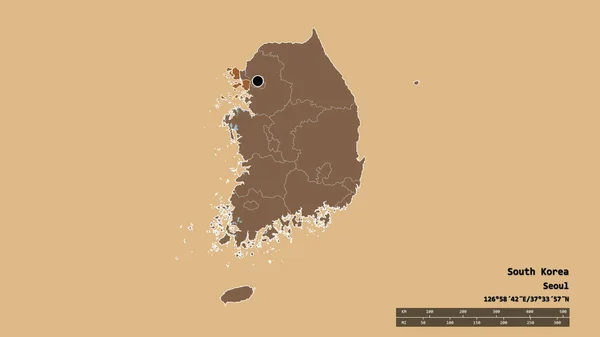Desaturated Shape South Korea Its Capital Main Regional Division Separated — Stock Photo, Image