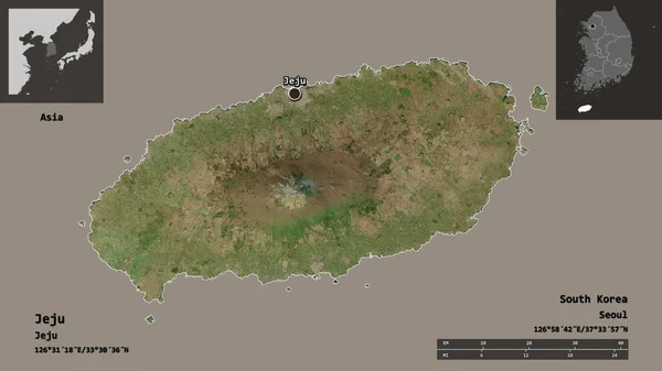 Form Jeju Provinsen Sydkorea Och Dess Huvudstad Avståndsskala Förhandsvisningar Och — Stockfoto