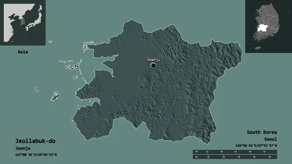 全羅北道 韓国省 首都の形 距離スケール プレビューおよびラベル 色の標高マップ 3Dレンダリング — ストック写真