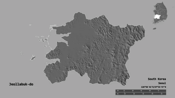 韓国の全羅北道の形で その首都はしっかりとした背景に隔離されています 距離スケール リージョンプレビュー およびラベル 標高マップ 3Dレンダリング — ストック写真
