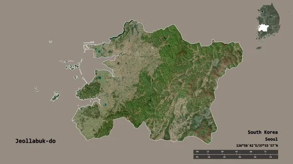 韓国の全羅北道の形で その首都はしっかりとした背景に隔離されています 距離スケール リージョンプレビュー およびラベル 衛星画像 3Dレンダリング — ストック写真