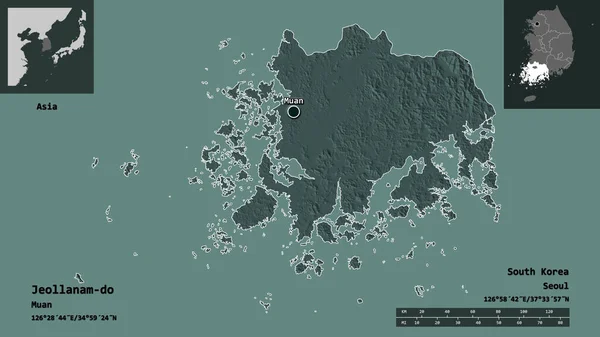 Shape Jeollanam Province South Korea Its Capital Distance Scale Previews — Stock Photo, Image