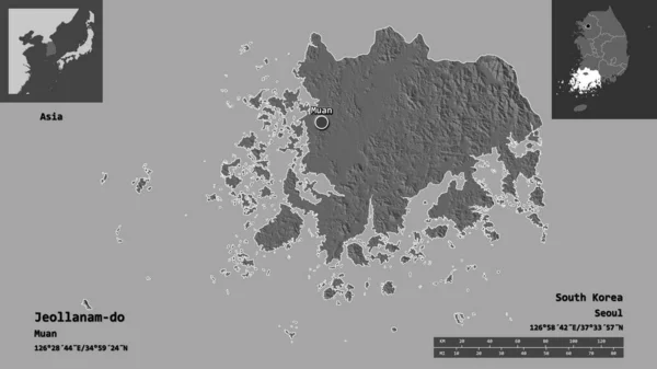 Shape Jeollanam Province South Korea Its Capital Distance Scale Previews — Stock Photo, Image