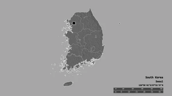 Desaturerad Form Sydkorea Med Dess Huvudstad Huvudsakliga Regionala Uppdelning Och — Stockfoto