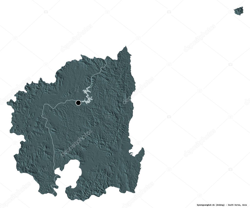 Shape of Gyeongsangbuk-do, province of South Korea, with its capital isolated on white background. Colored elevation map. 3D rendering