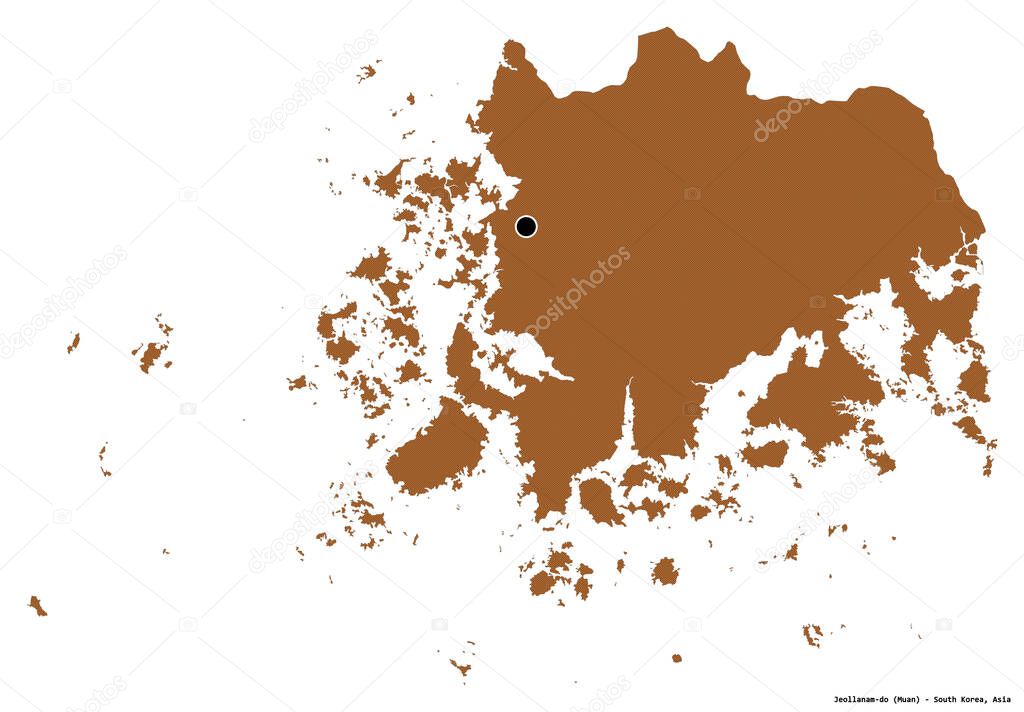 Shape of Jeollanam-do, province of South Korea, with its capital isolated on white background. Composition of patterned textures. 3D rendering