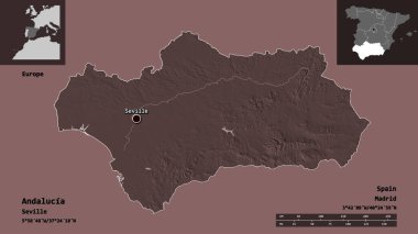 Endülüs 'ün şekli, İspanya özerk topluluğu ve başkenti. Uzaklık ölçeği, ön gösterimler ve etiketler. Renkli yükseklik haritası. 3B görüntüleme